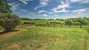A rural landscape with a fenced field, a small building, and a clear blue sky.