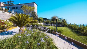 A coastal building with a garden pathway, a palm tree, and a clear blue sky.