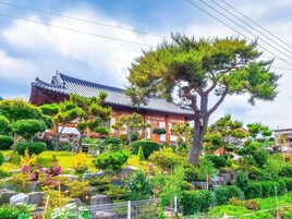 Um edifício japonês tradicional com telhado de telhas, cercado por jardins bem cuidados e diversas árvores.
