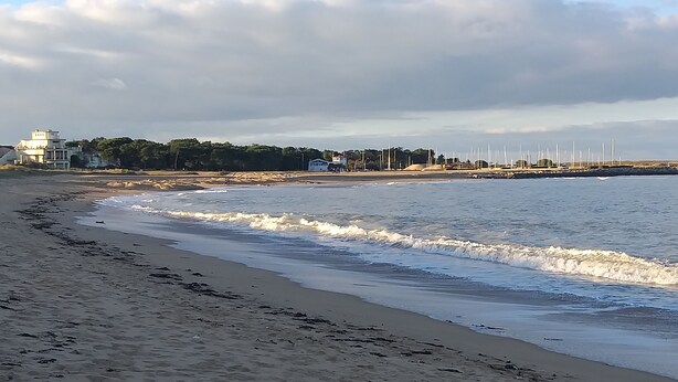 Une plage avec un rivage sablonneux, des vagues et, au loin, un bâtiment doté d’un toit blanc.