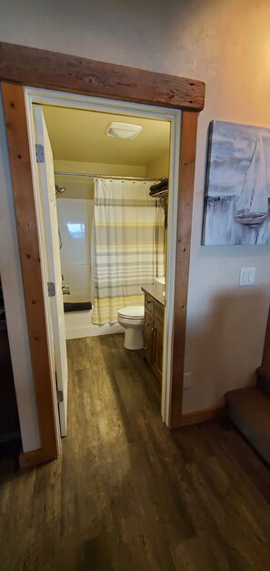Hair dryer, towels, soap, toilet paper