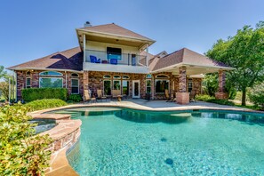 A two-story house with a swimming pool, a covered patio, and a brick exterior. - Tiara Mansion 8Bdrm 5 Bth 5 acre (Fort Worth)