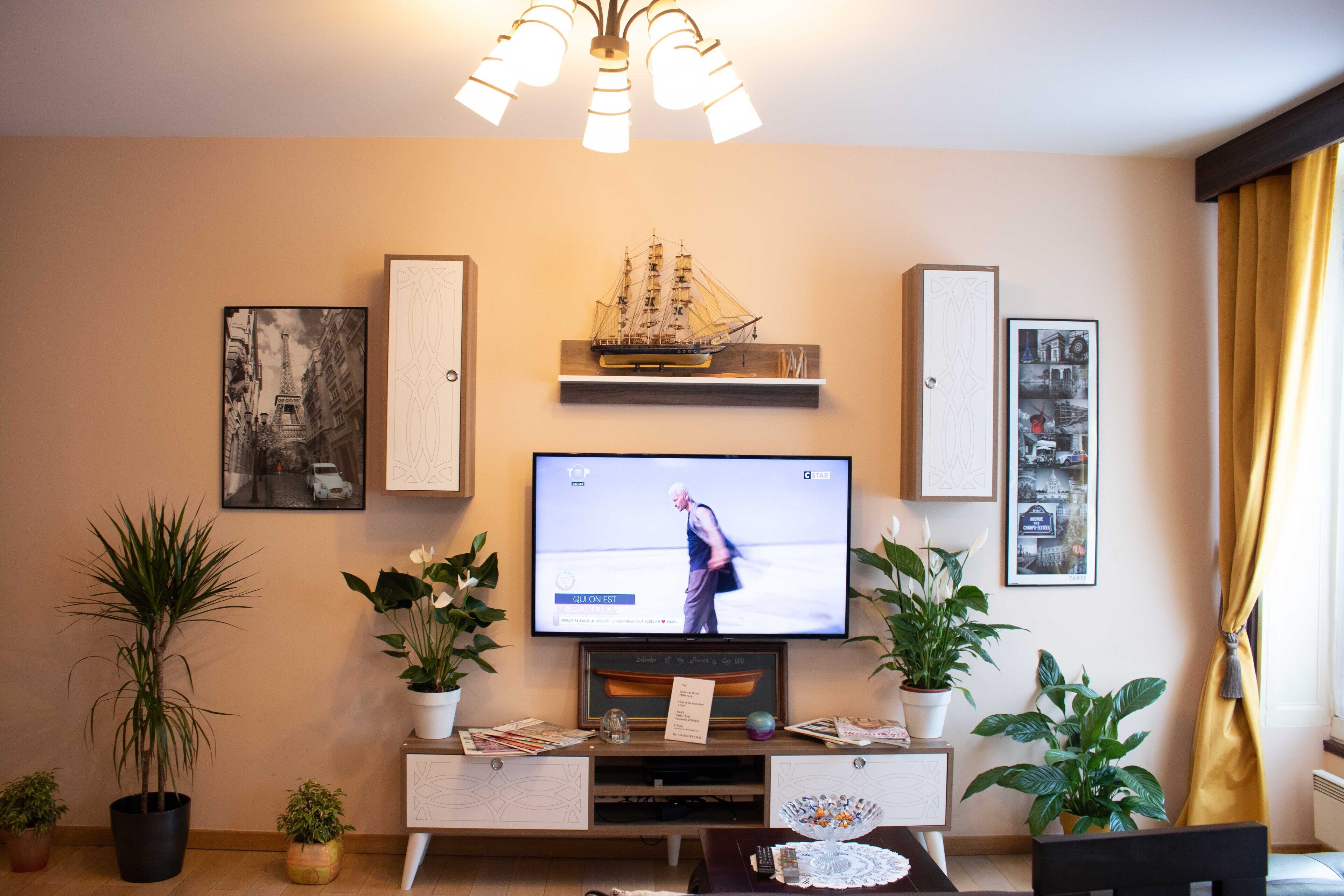 A living room with a television, potted plants, a ship model, and framed pictures on the wall.