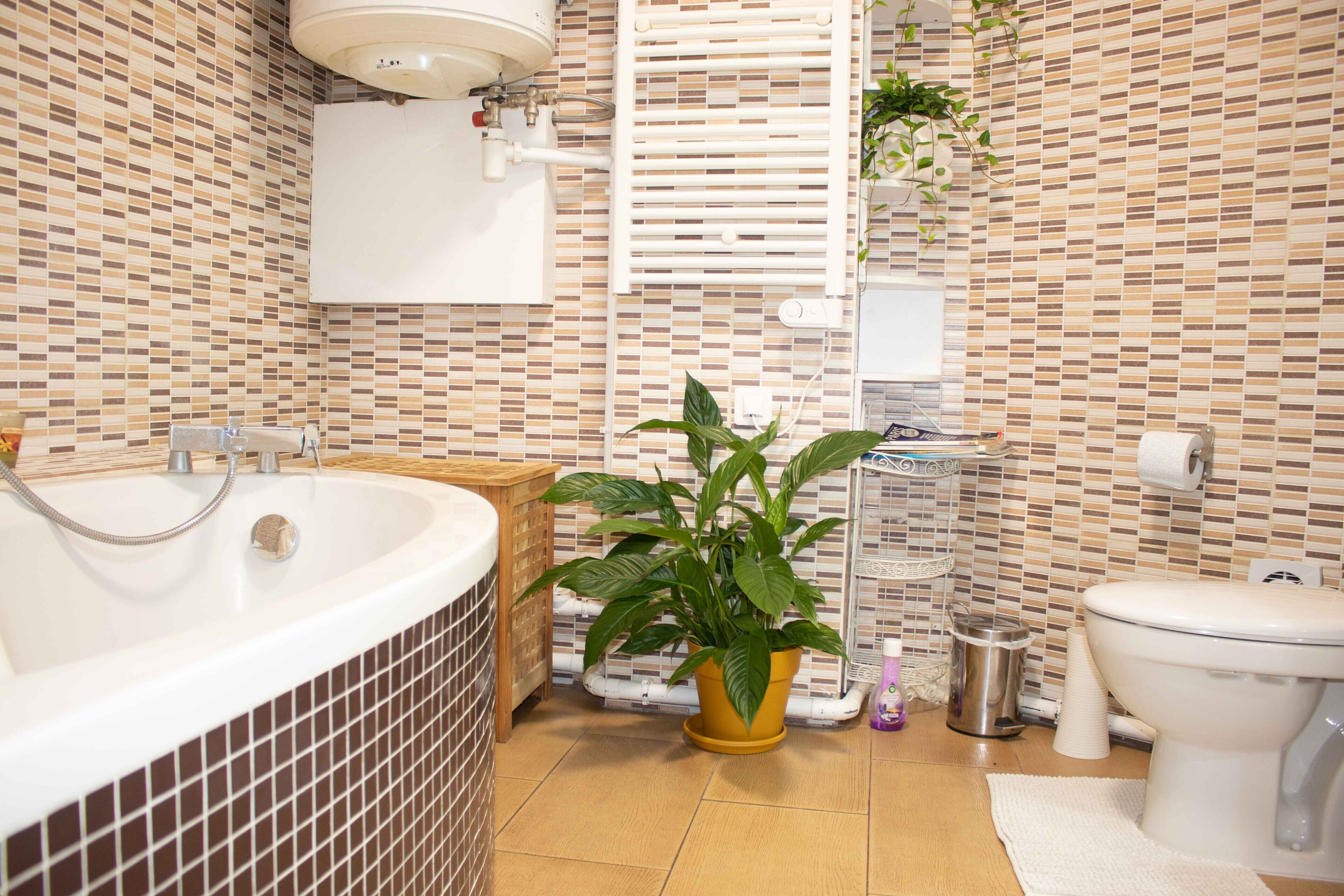 Une salle de bain avec une baignoire, des toilettes, un lavabo et une plante en pot.