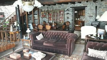 Televisión de pantalla plana, chimenea, futbolito y libros