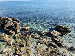 Eine felsige Küstenlinie mit klarem Wasser und weiter Land.