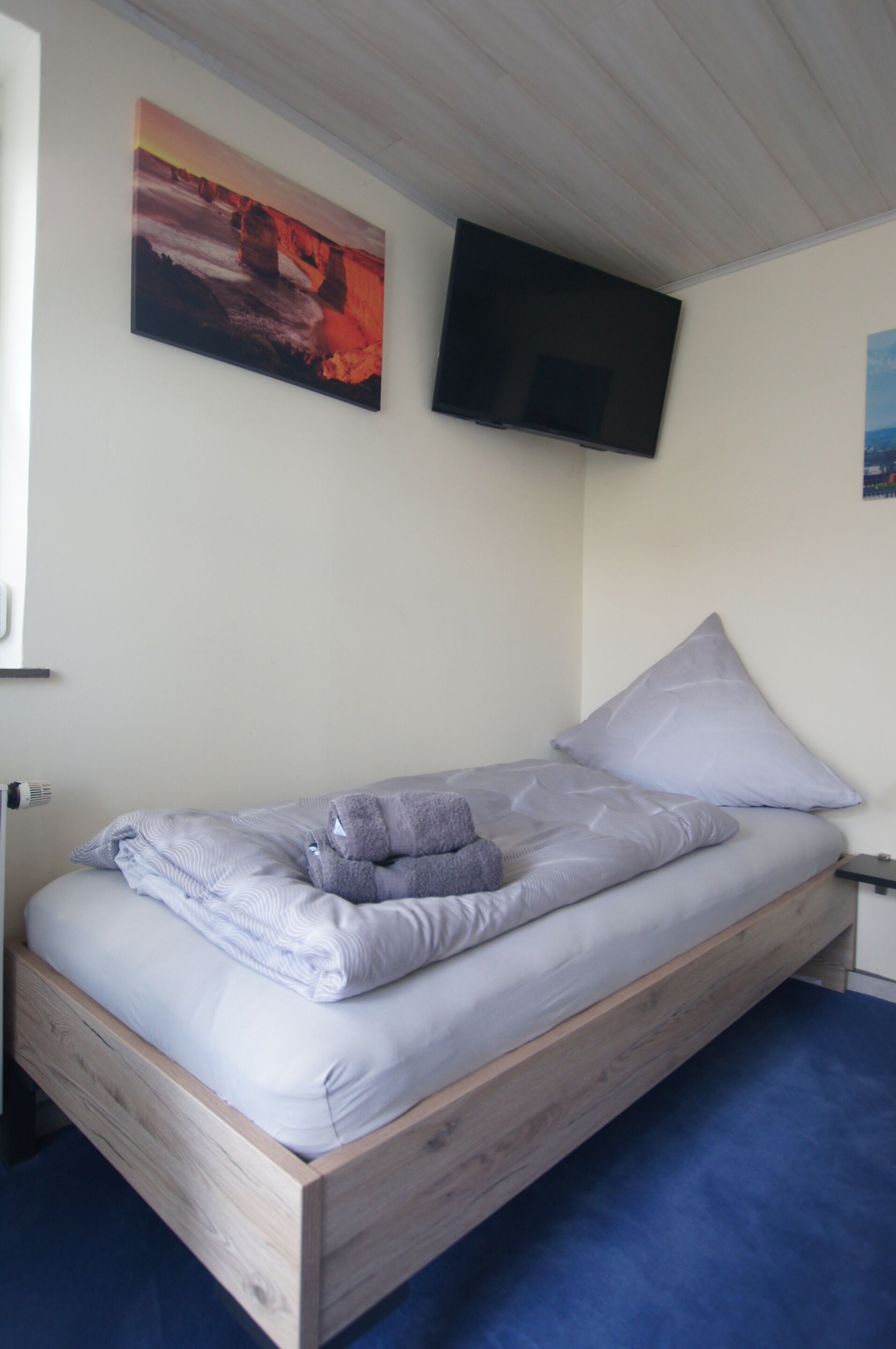 A single bed with a wooden frame, a flat-screen TV mounted on the wall, and a painting above the bed.