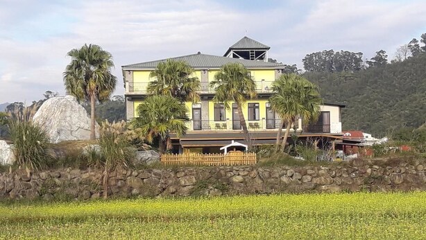 A large two-story house with a balcony, surrounded by a stone wall and palm trees. - Fu Chuan Garden Homestay (Nanzhuang)