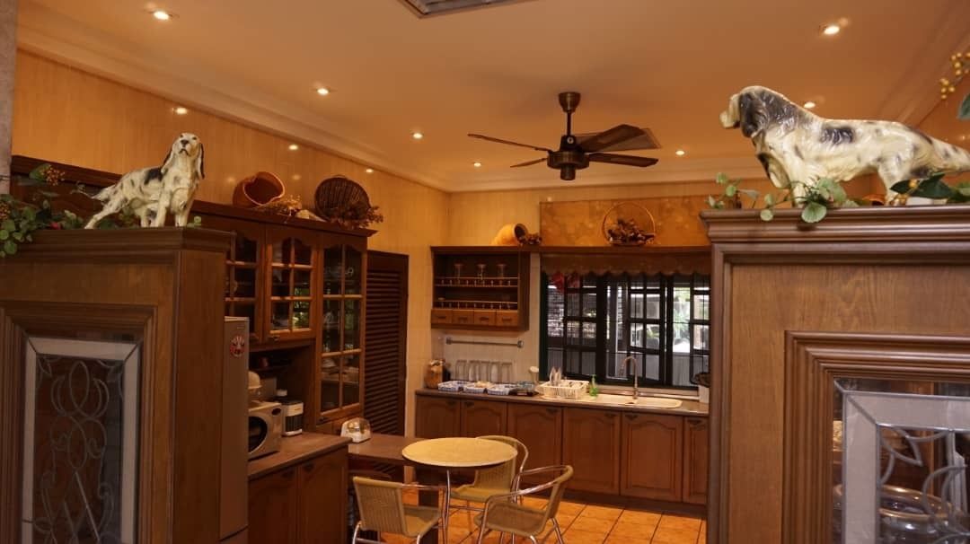 A well-lit kitchen with wooden cabinets, a dining table, and chairs. There are decorative items on the shelves and a ceiling fan.