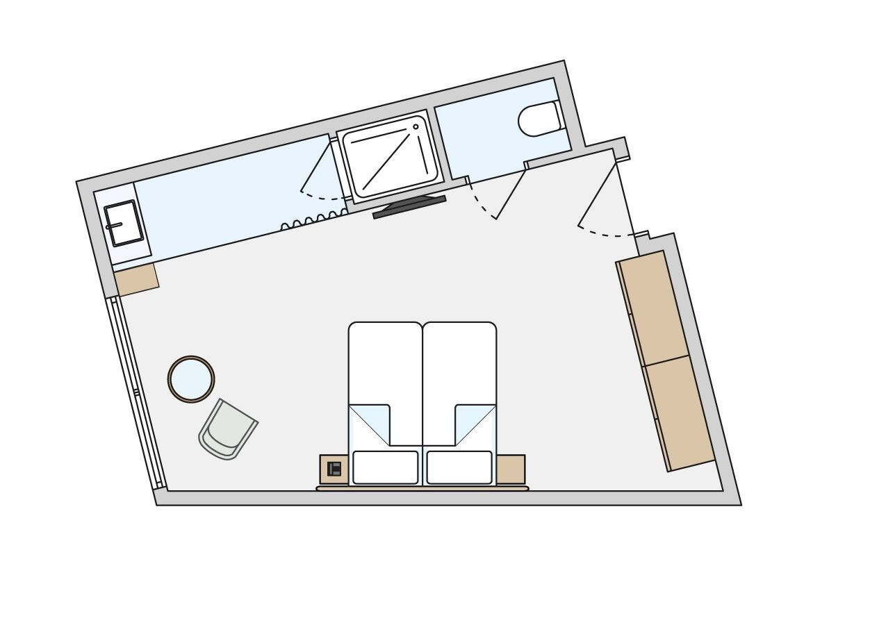 A floor plan with a living area, two bedrooms, a bathroom, and a kitchen.
