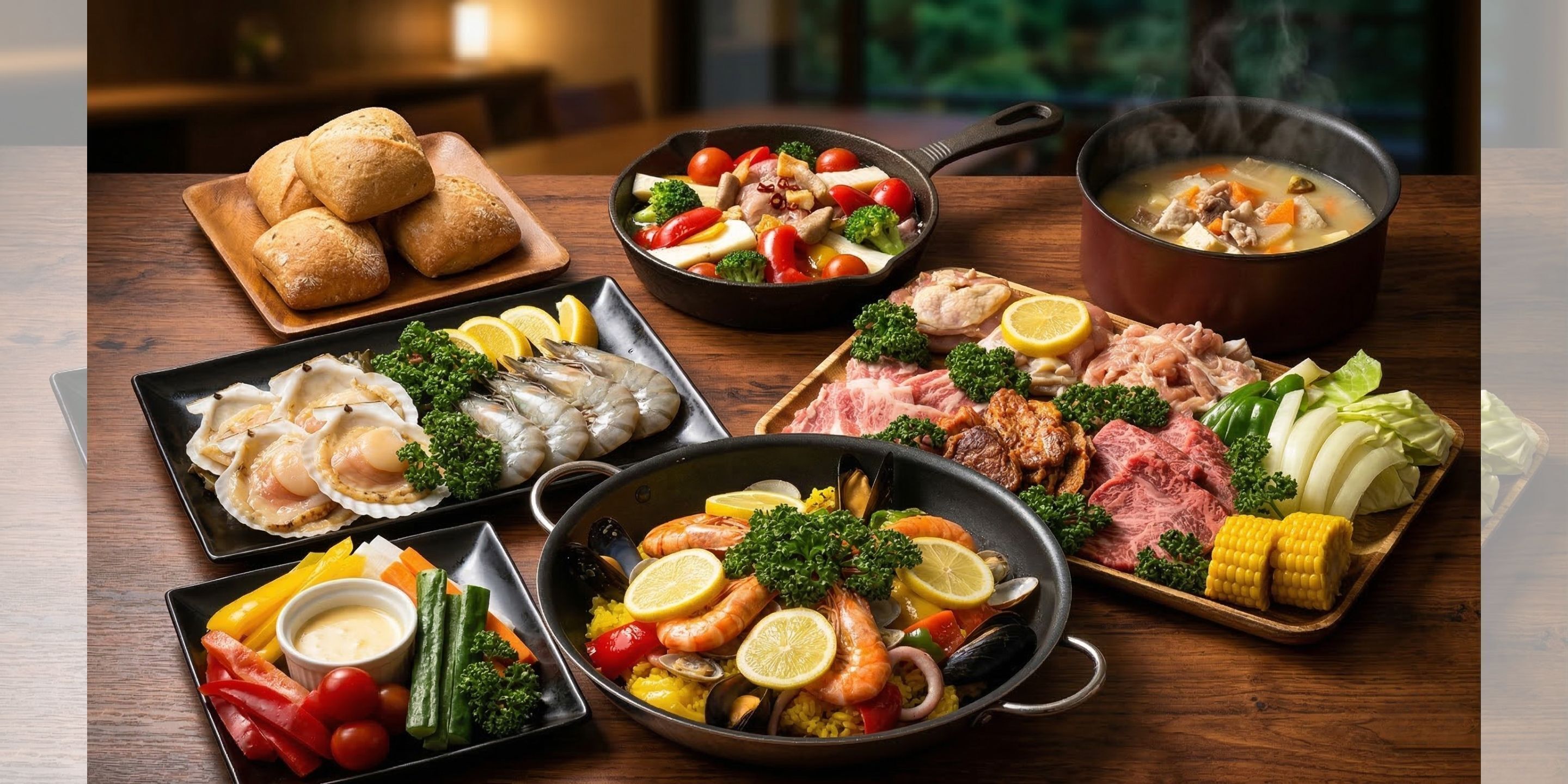 Diversos platos de mariscos, como camarones, mejillones y pescado, dispuestos sobre una mesa de madera.