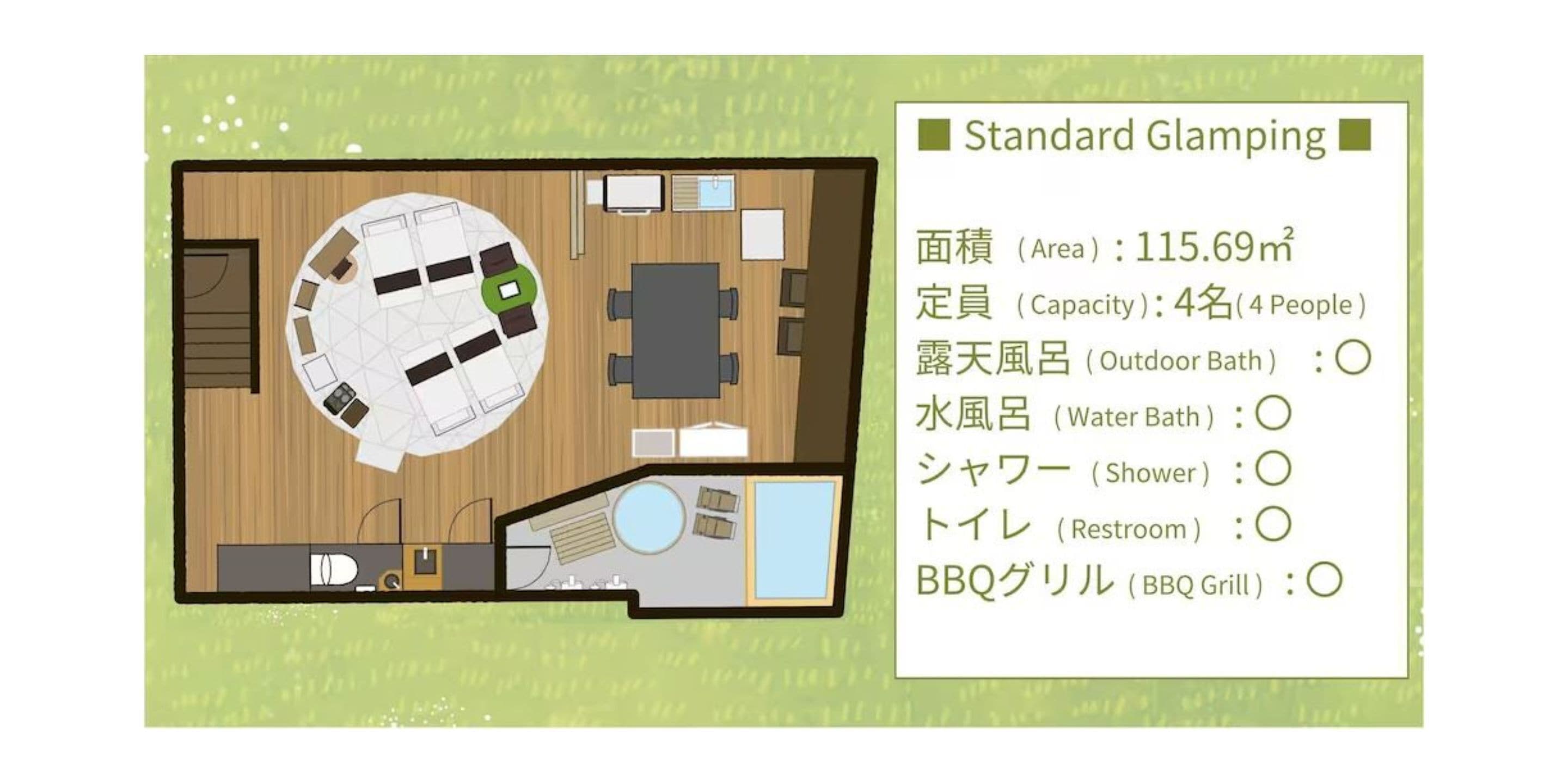 Distribución estándar para glamping, con una zona de estar circular, una mesa de comedor y una kitchenette.