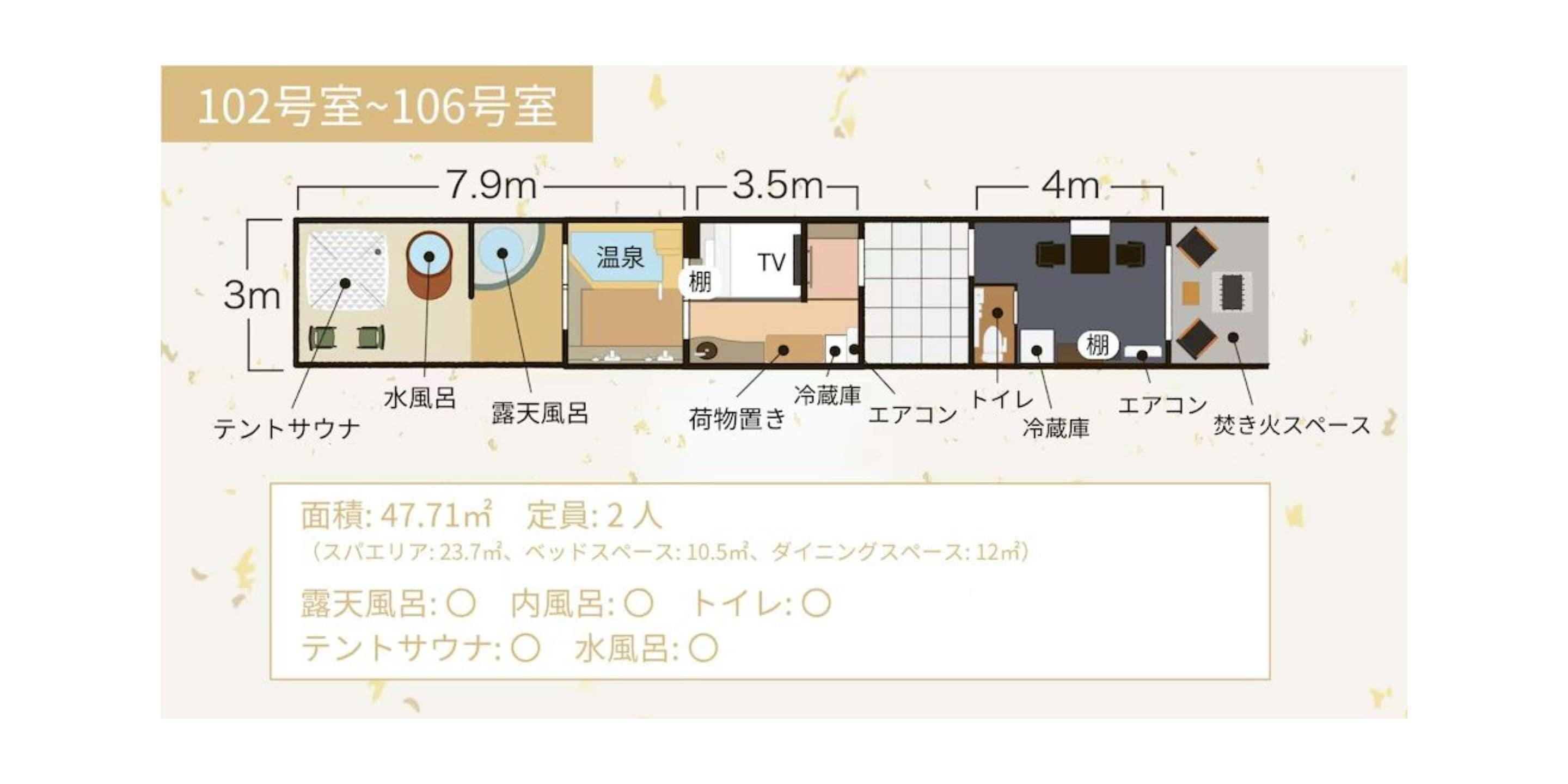 A floor plan of hotel rooms 102 to 106, including amenities like a TV, heater, and storage space.
