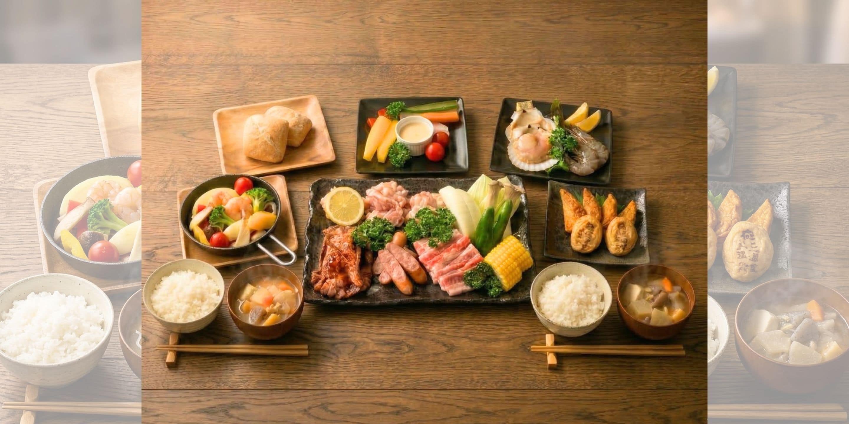 A wooden table with various dishes including sushi, sashimi, and rice bowls.
