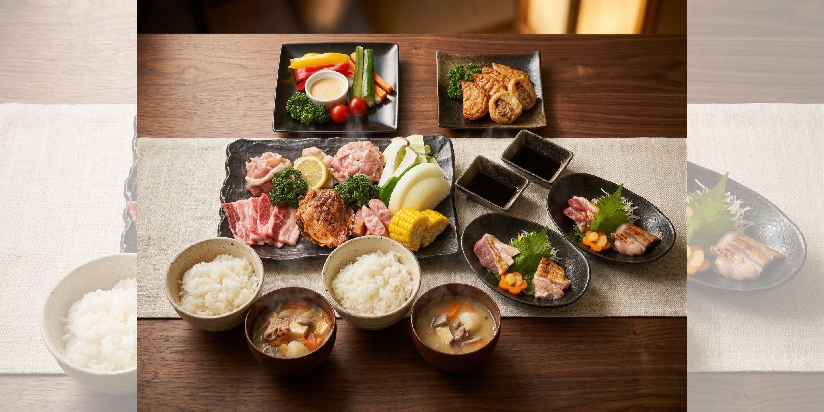 A table with various dishes including meat, vegetables, and rice.