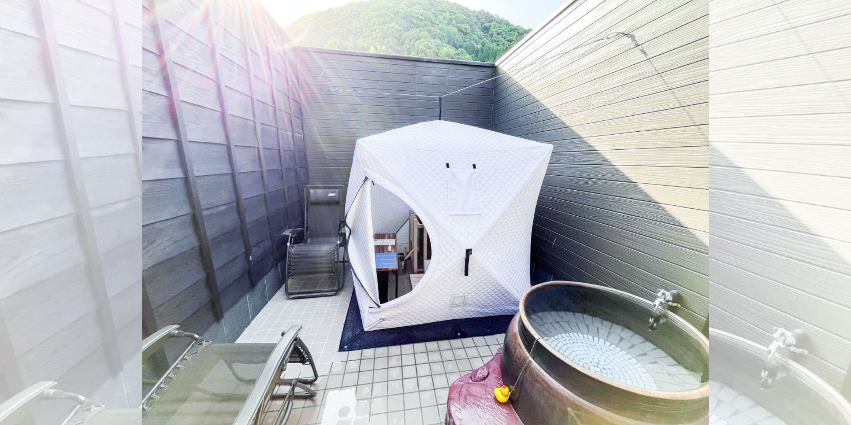 (102-106) onsen ryokan glamping with open-air bath and tent sauna | bathroom | separate bathtub and shower, spring water bathtub, free toiletries