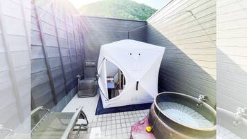 (102-106) Onsen Ryokan Glamping with Open-air bath and Tent Sauna | Bathroom | Separate tub and shower, spring water tub, free toiletries, hair dryer