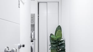 A narrow hallway with a wooden floor, a white door, and a potted plant. - Go Madrid Apartments by Olala Homes (Madrid)