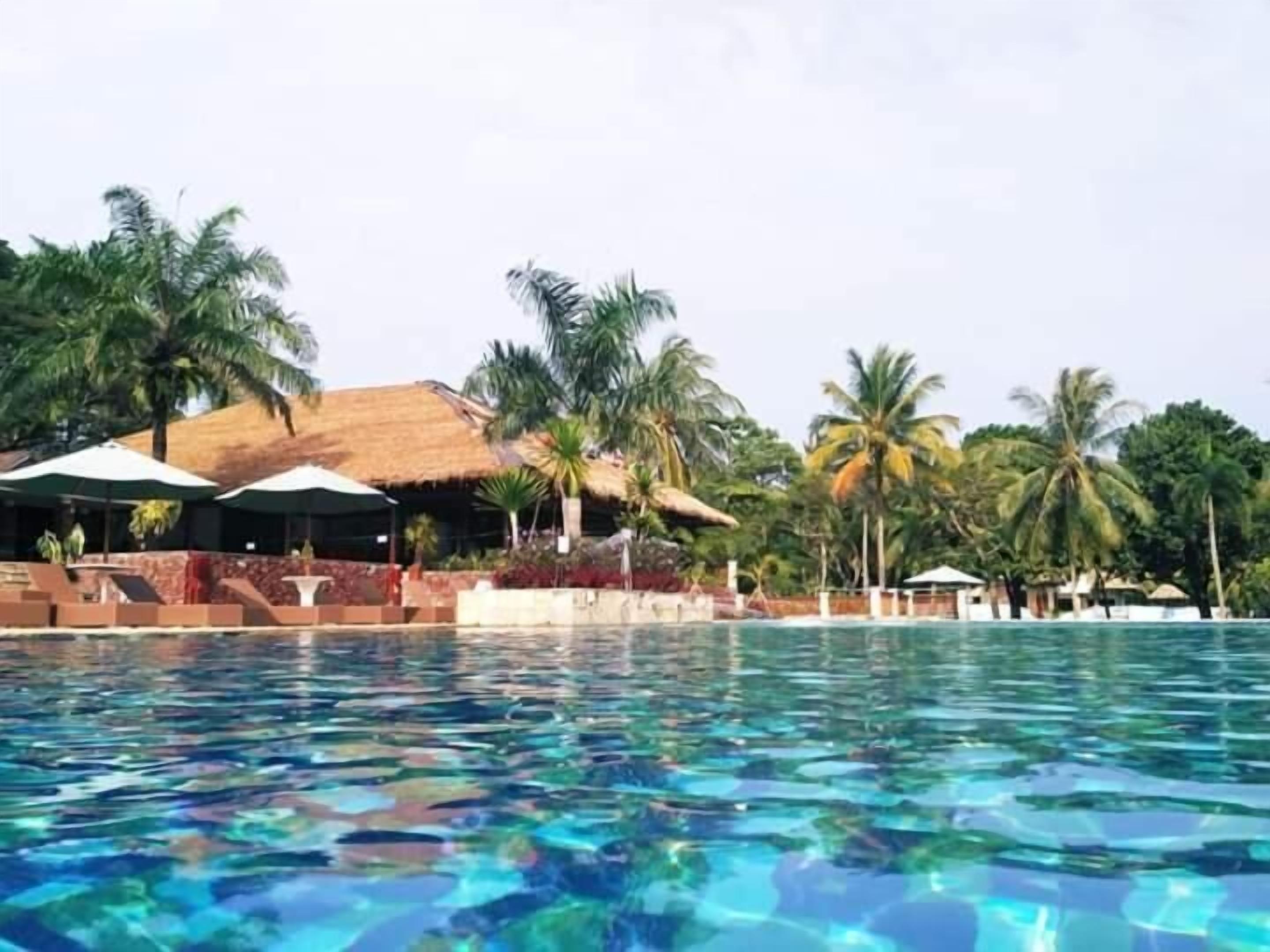 Una piscina al aire libre, sillones reclinables de piscina