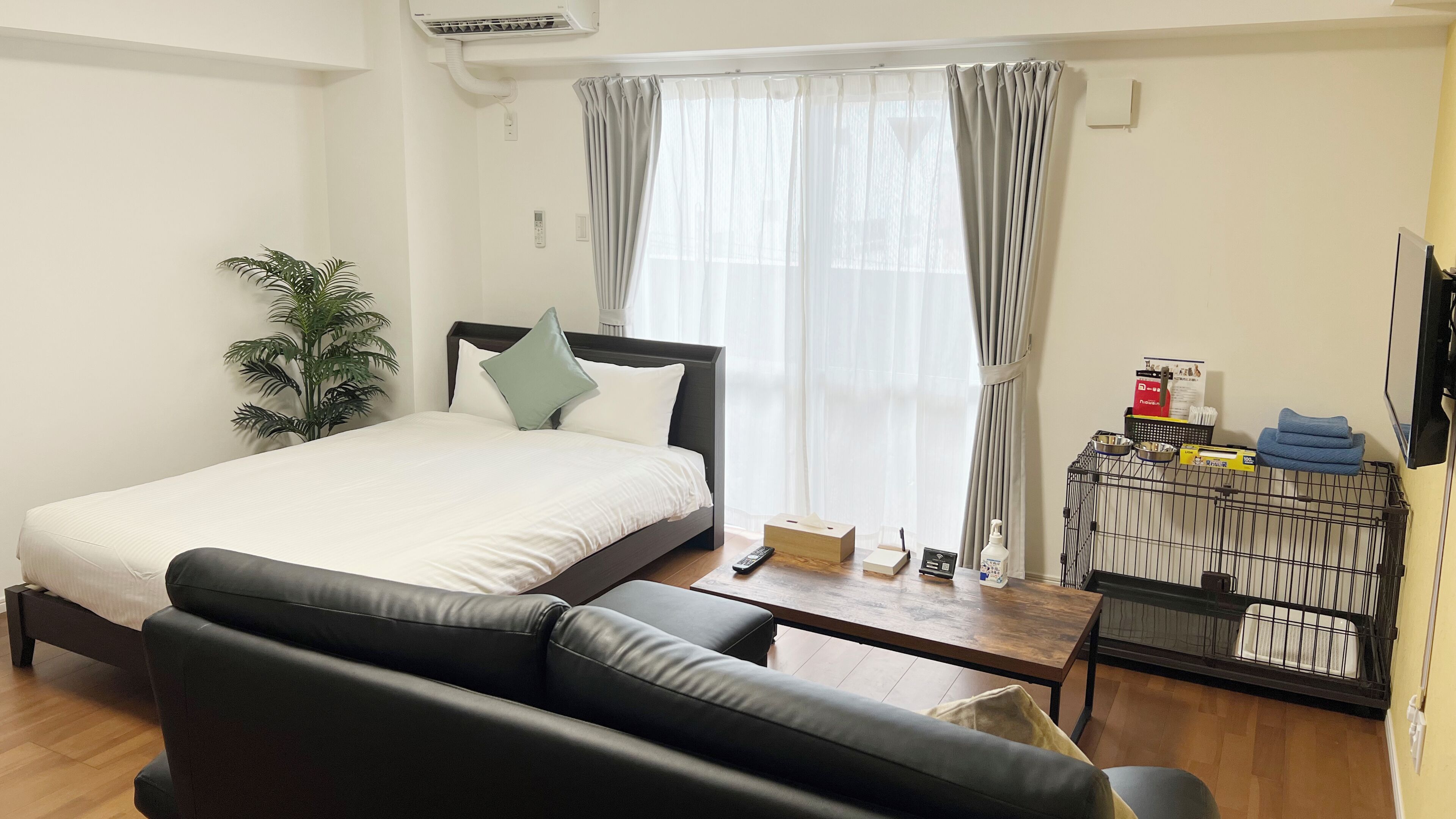 Una habitación de hotel moderna con cama, sofá, una mesita, una planta y una jaula para mascotas.
