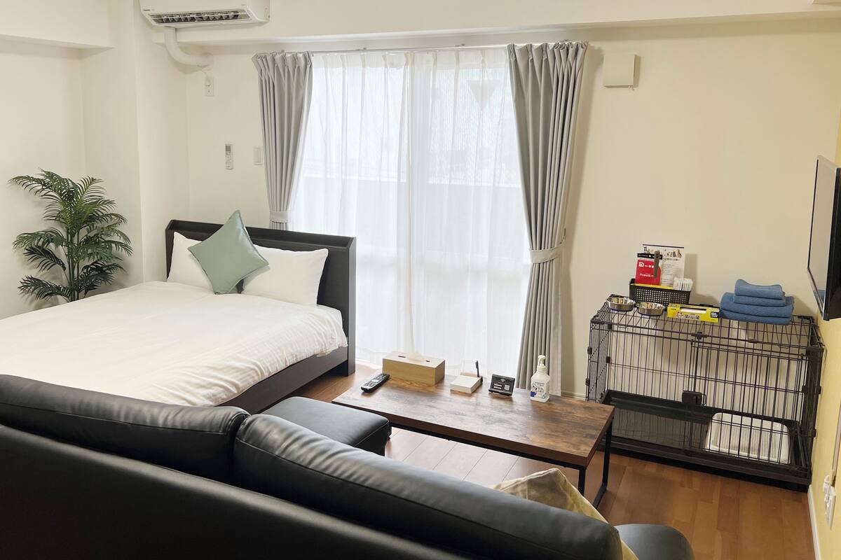 Una habitación de hotel moderna con cama, sofá, una mesita, una planta y una jaula para mascotas.