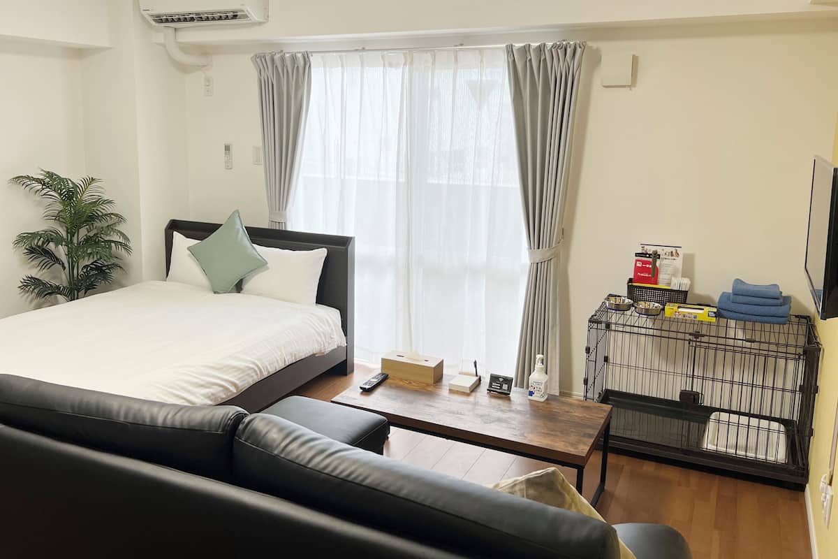 Ein modernes Hotelzimmer mit einem Bett, einer Couch, einem kleinen Tisch, einer Pflanze und einem Haustierkäfig.