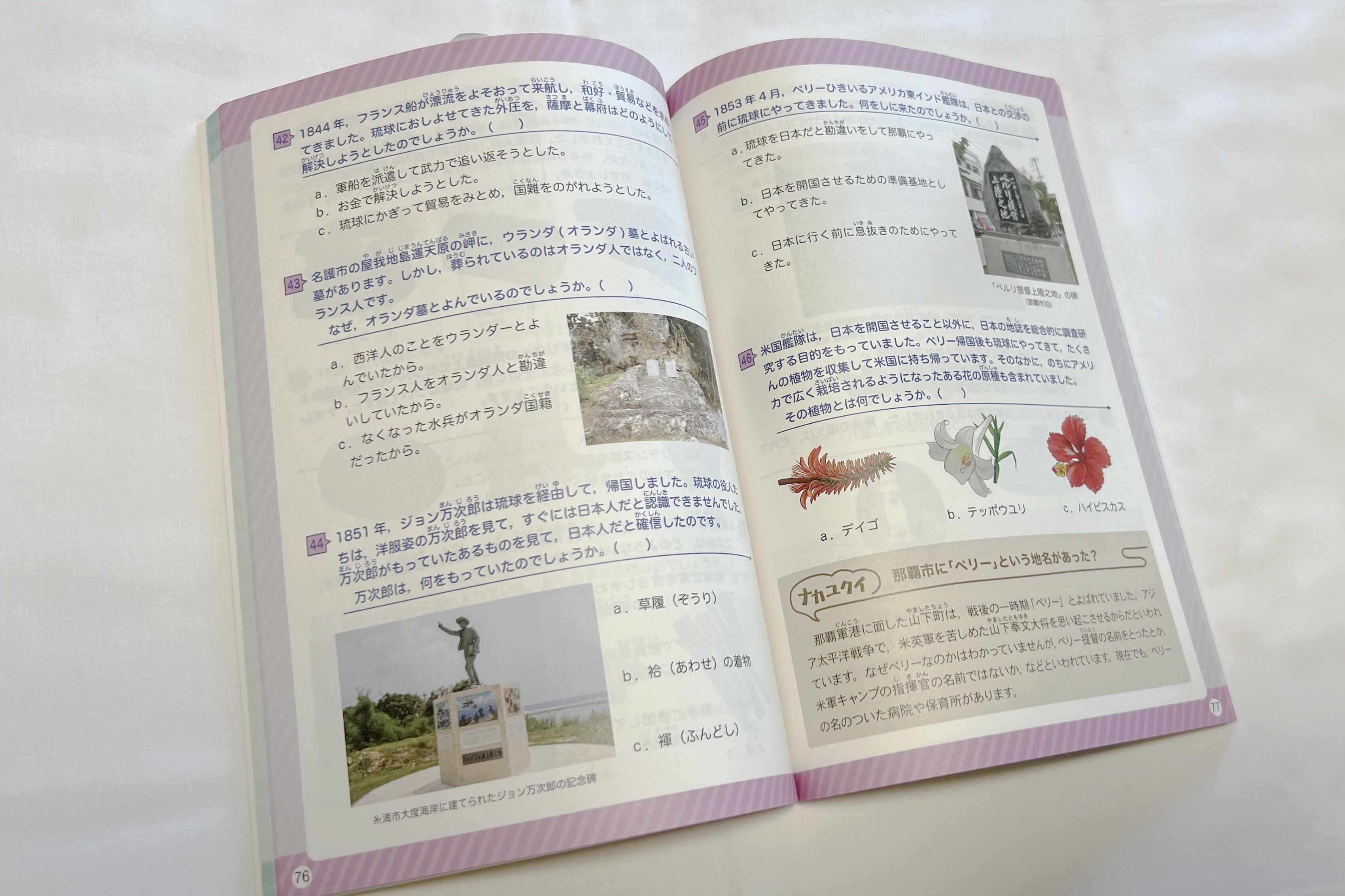 Un libro abierto con texto e imágenes japonesas, incluyendo una estatua y un edificio.