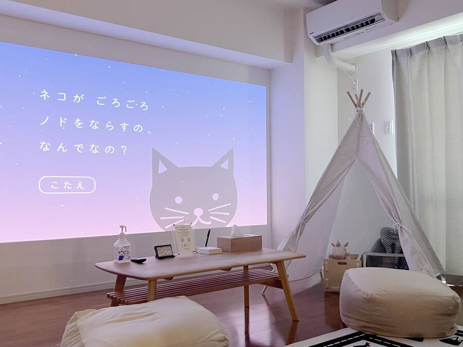 Un saló acollidor amb una pantalla de projector que mostra text japonès i una imatge d'un gat, una taula de fusta amb un comandament a distància, una làmpada de sobretaula petita, un tipi i un joguet de peluix.