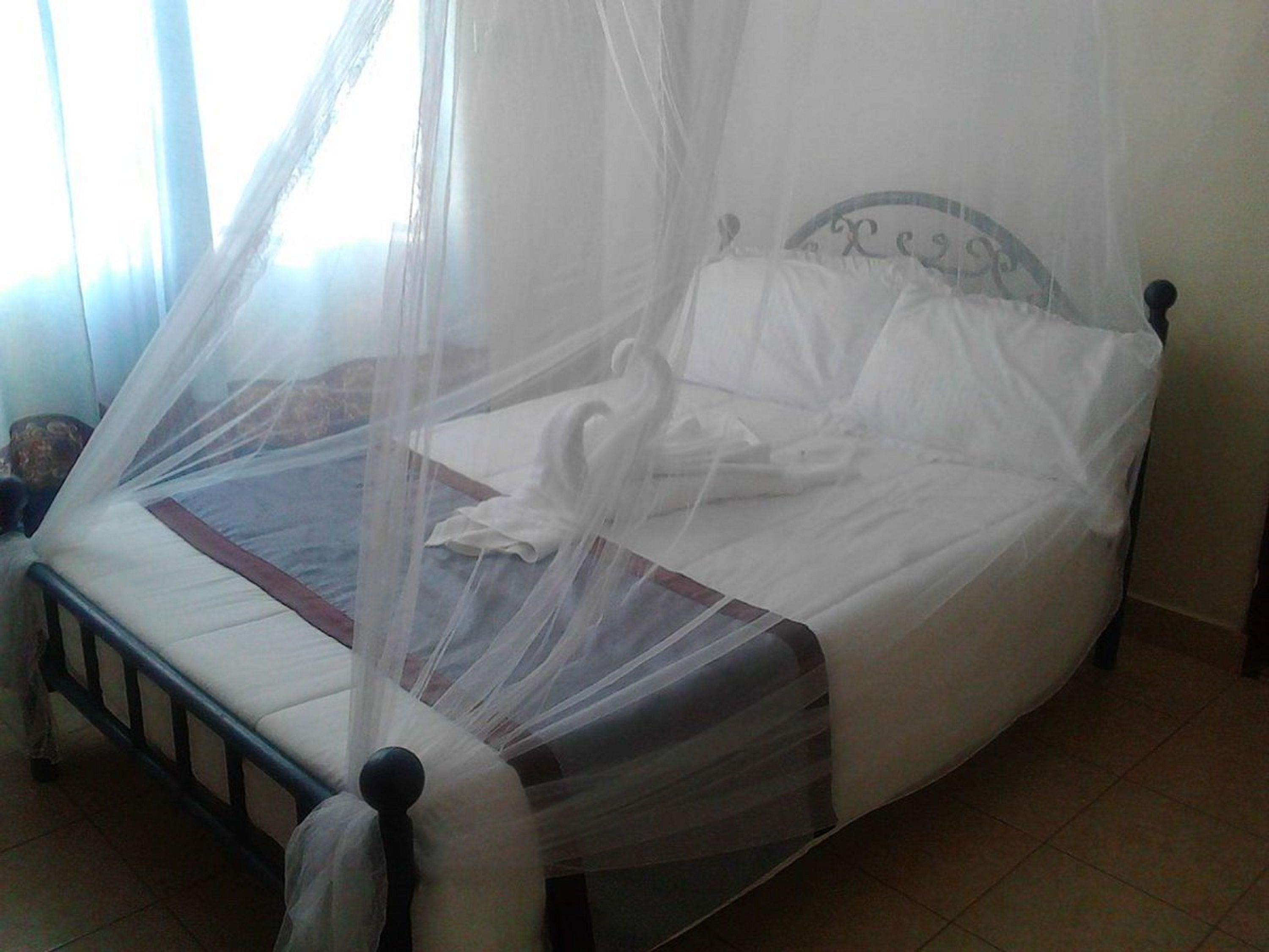 A bed with a mosquito net, a wooden headboard, and a bedside table.