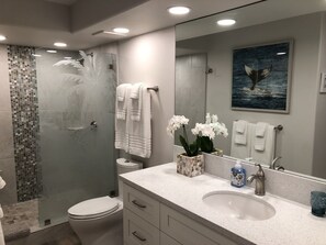 Chuveiro, secador de cabelo, toalhas de banho, sabonete