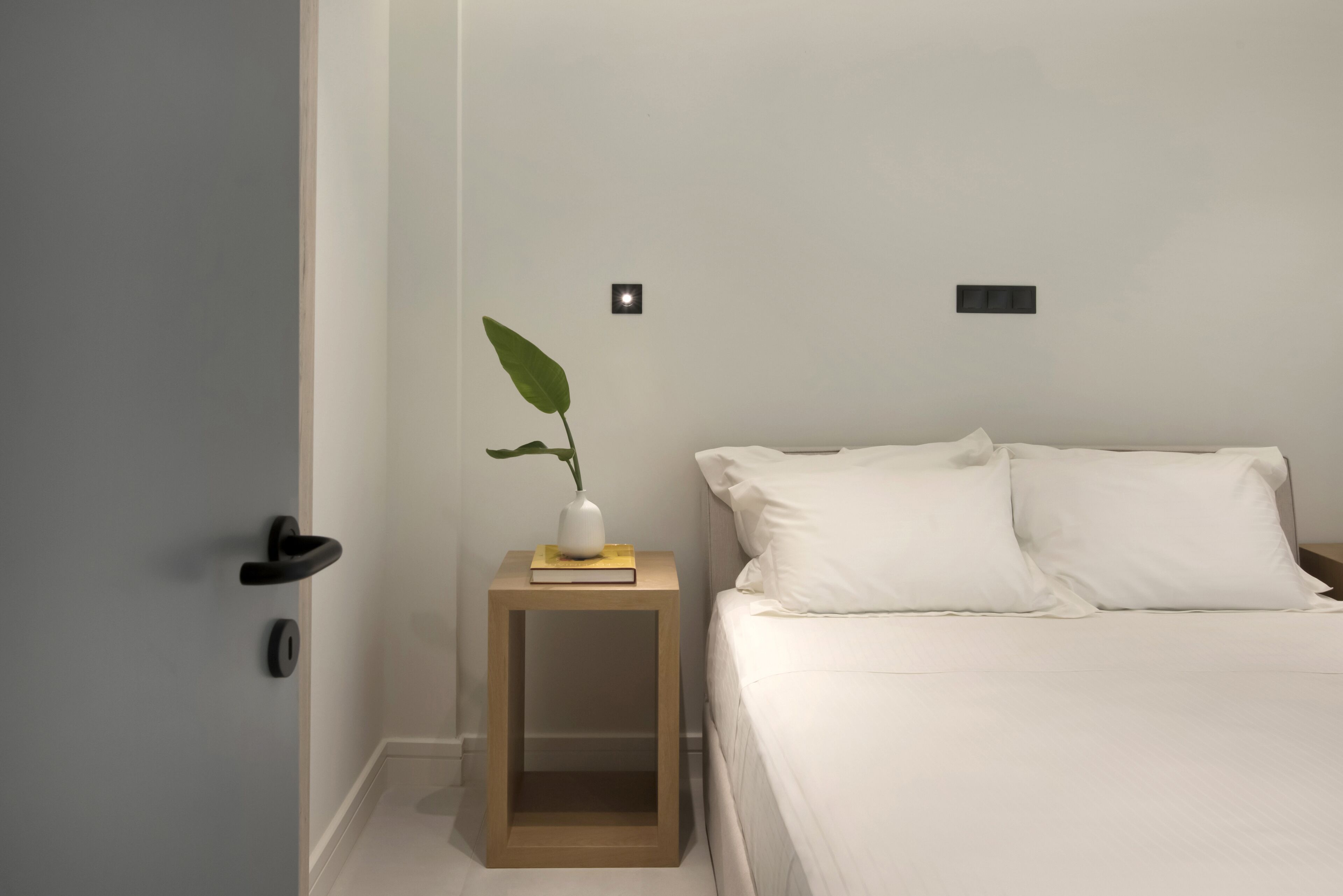 A bedroom with a bed, a bedside table with a plant, and a door.