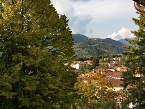 Une ville nichée dans une vallée, avec des bâtiments entourés d’arbres et des montagnes en toile de fond.