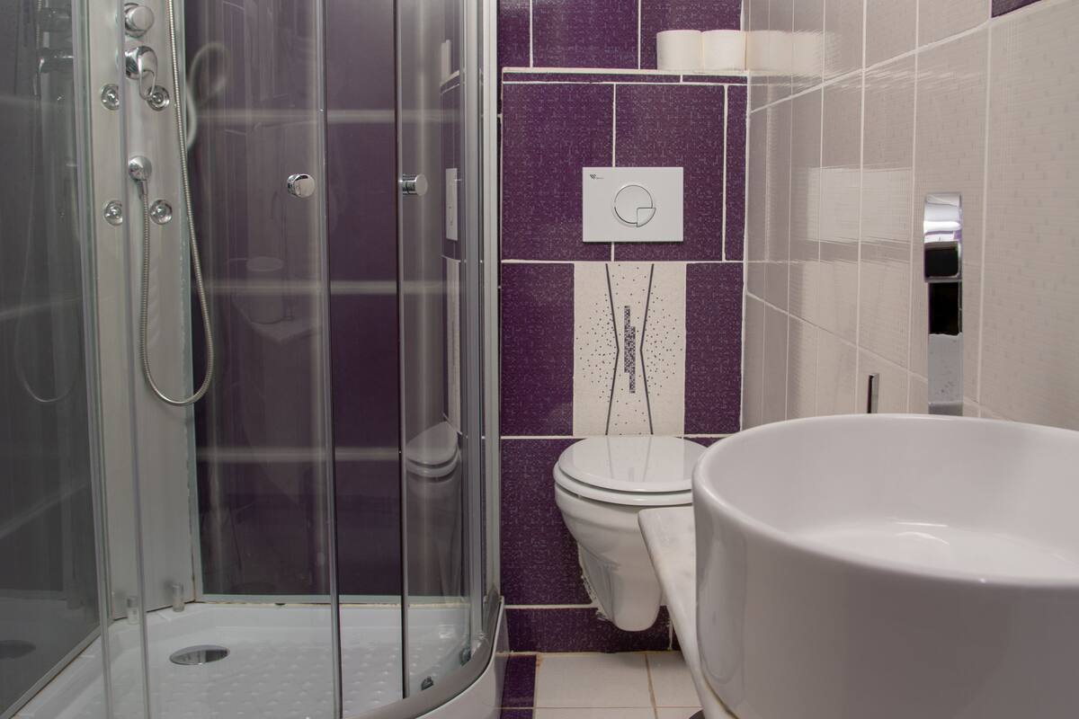 Un bany amb dutxa de vidre, vàter i un lavabo.