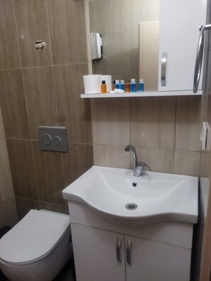 Shower, hair dryer, slippers, towels