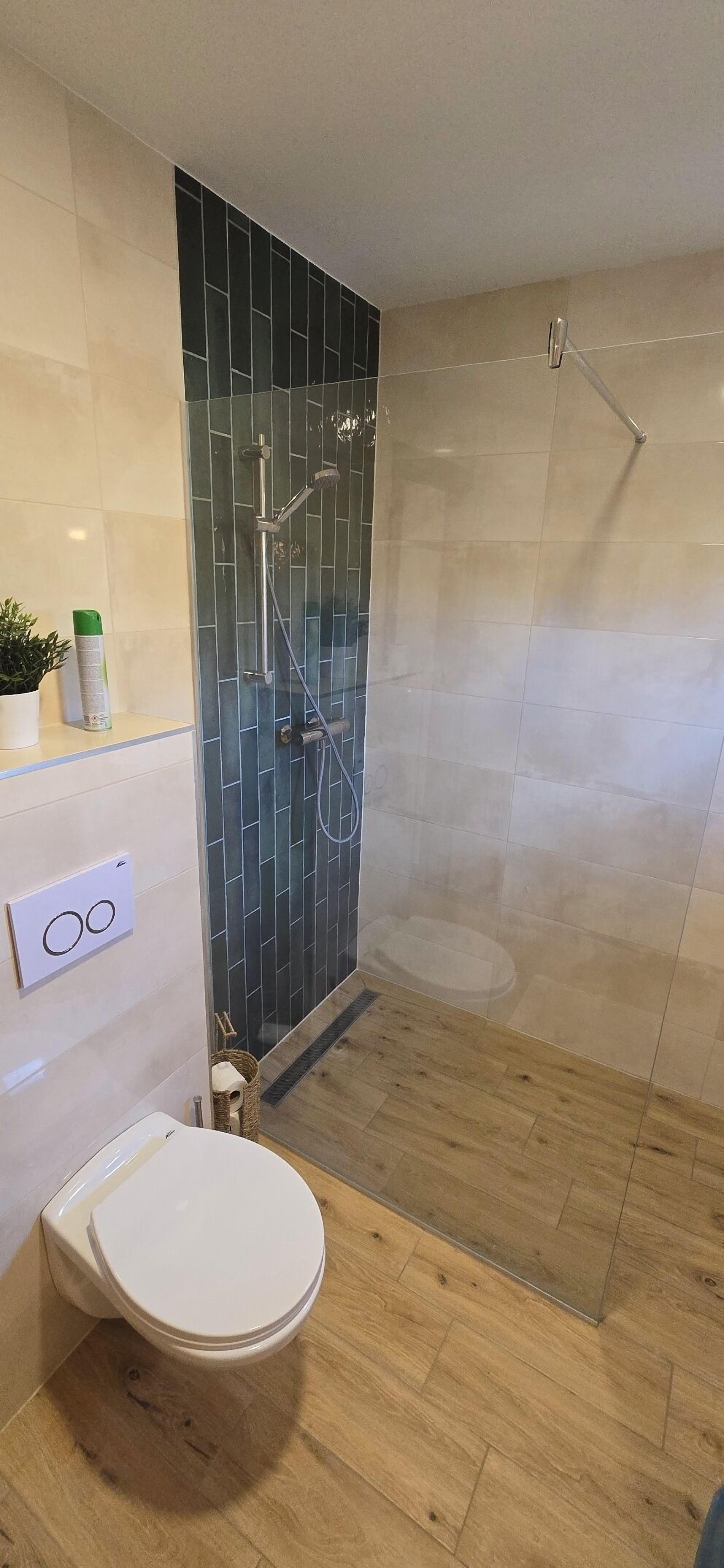A bathroom with a toilet, a shower with a glass door, and a wooden floor.