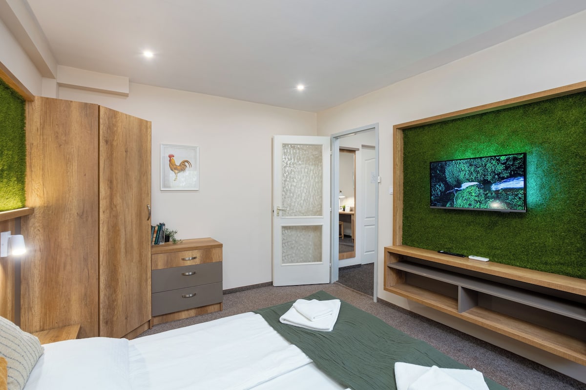 A modern hotel room with a bed, a wooden wardrobe, a television on a green wall, and a door leading to a bathroom.