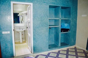 Shower, rainfall showerhead, hair dryer, towels