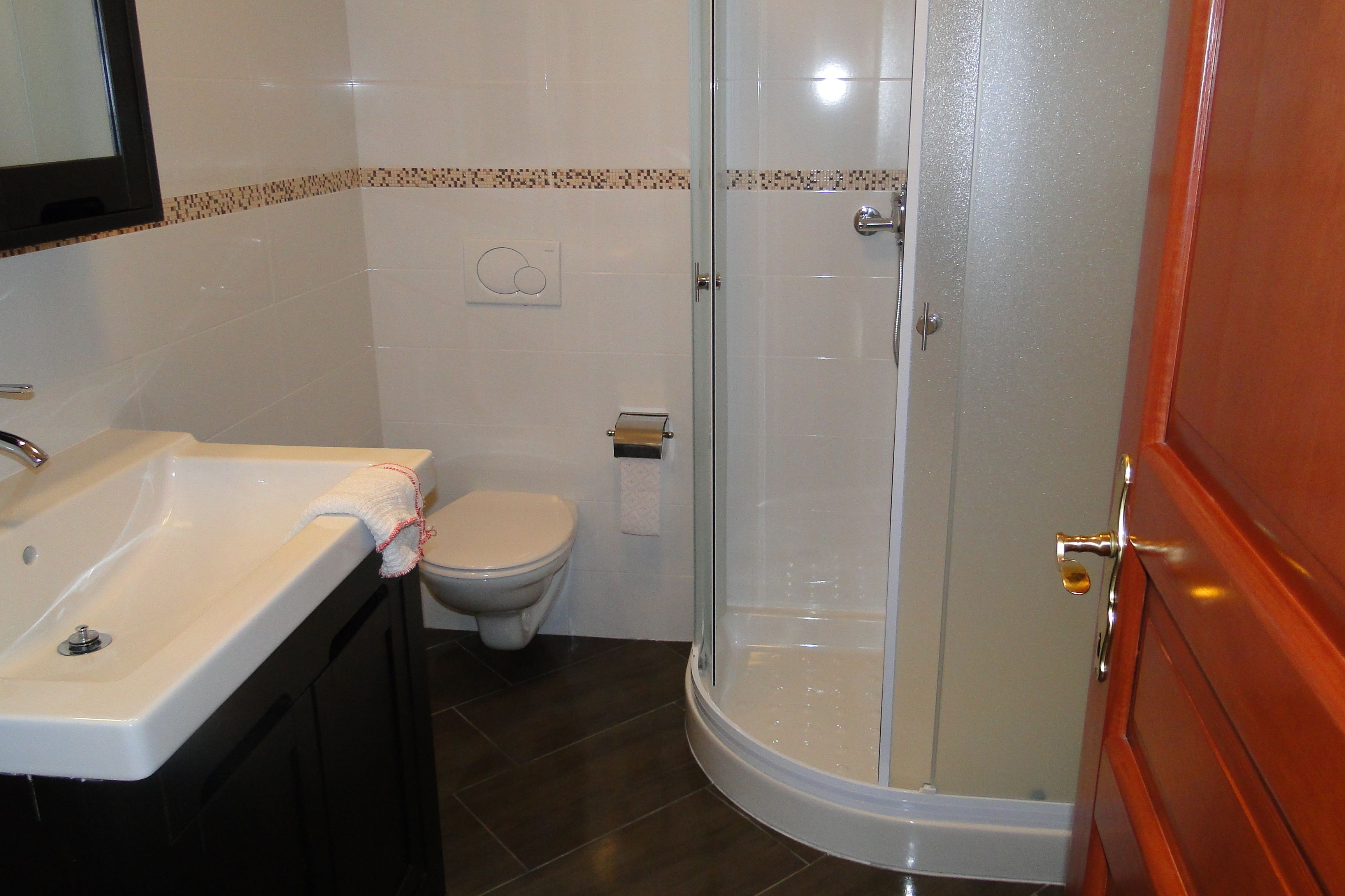 Een badkamer met een wastafel, toilet en een douche met glazen wanden.