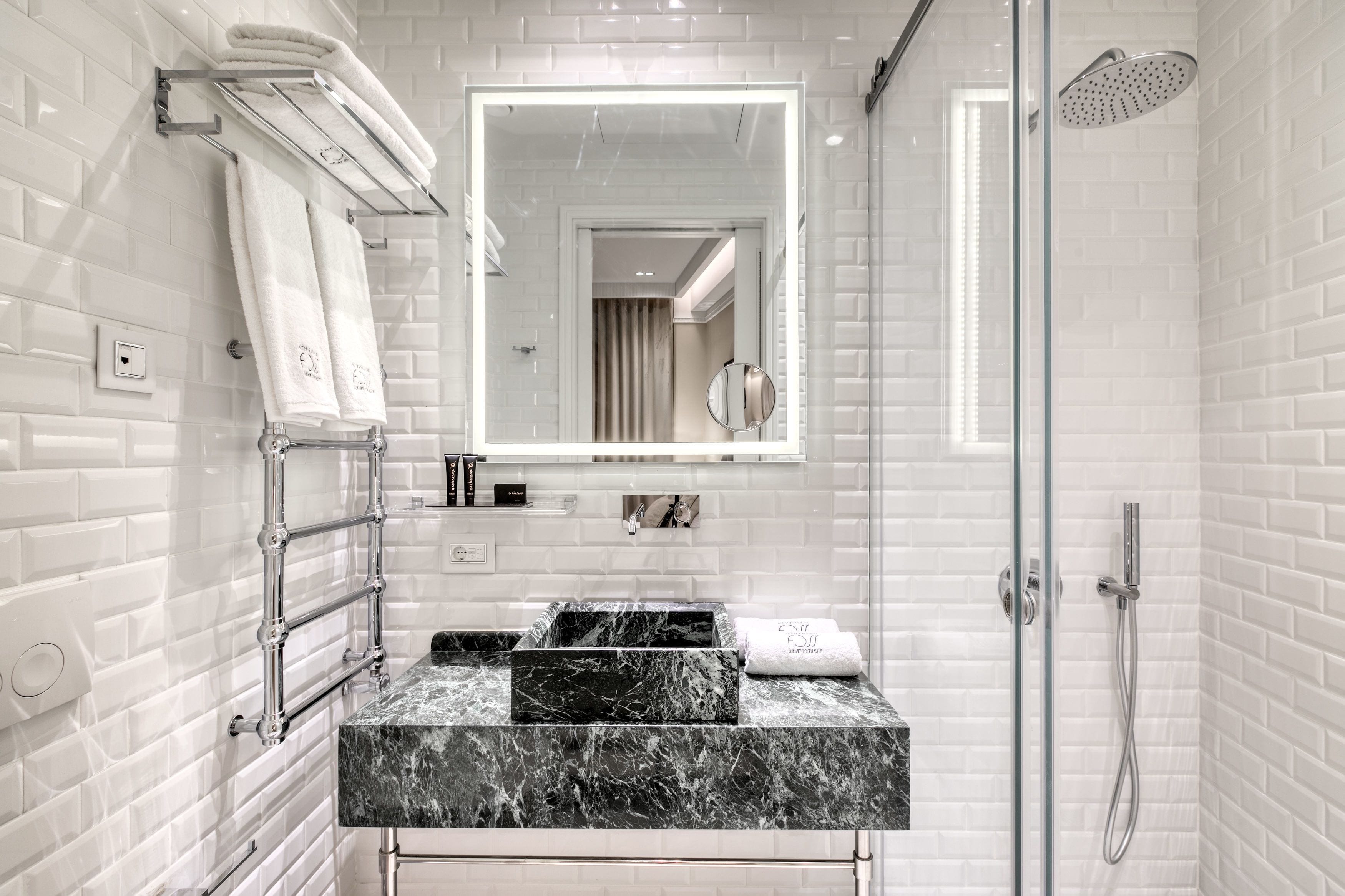 superior suite | bathroom | shower, designer toiletries, hair dryer, bathrobes