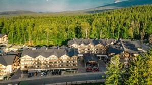 Un chalet comprenant plusieurs bâtiments, un espace de stationnement et un décor de forêt en arrière-plan.