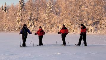 Four people cross-country skiing on a snow-covered path with trees in the background.