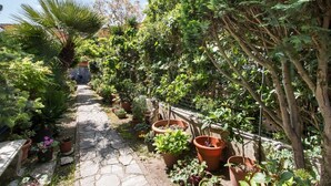 A narrow stone pathway flanked by various potted plants and trees, leading to a building in the distance. - Il Covino (Viareggio)