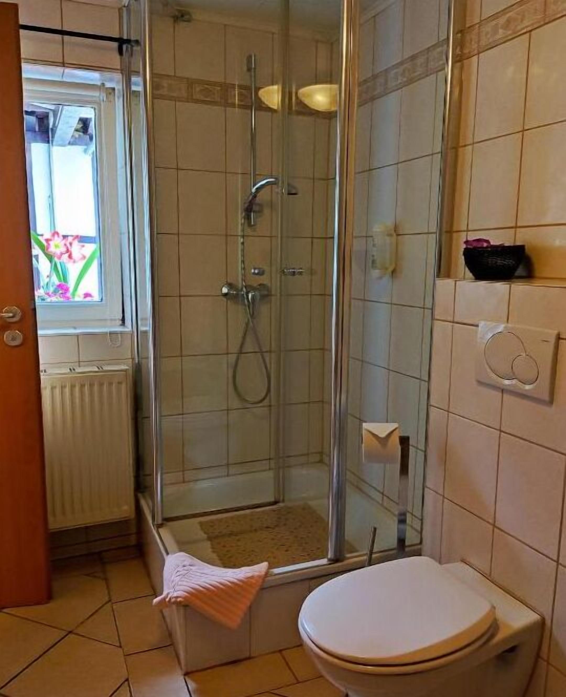 Un baño con cabina de ducha de vidrio, inodoro y ventana con flores.