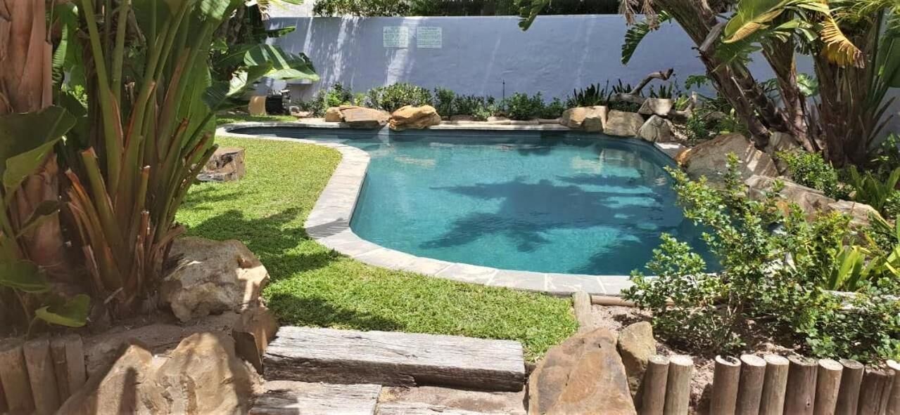 Ein von Felsen und viel Grün umgebener Pool.