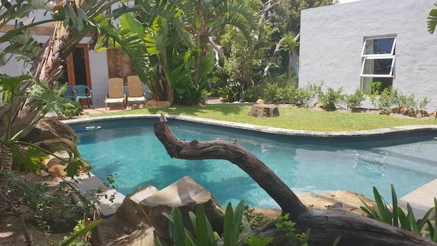 A swimming pool with a naturalistic design, surrounded by rocks and plants, and a modern building in the background. - Be My Guest Lodge (Cape Town)