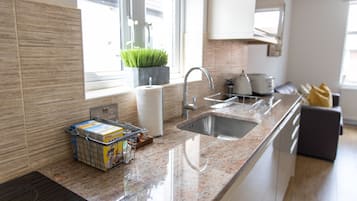 Deluxe Apartment, 1 Bedroom | Private kitchen | Full-sized fridge, microwave, oven, stovetop