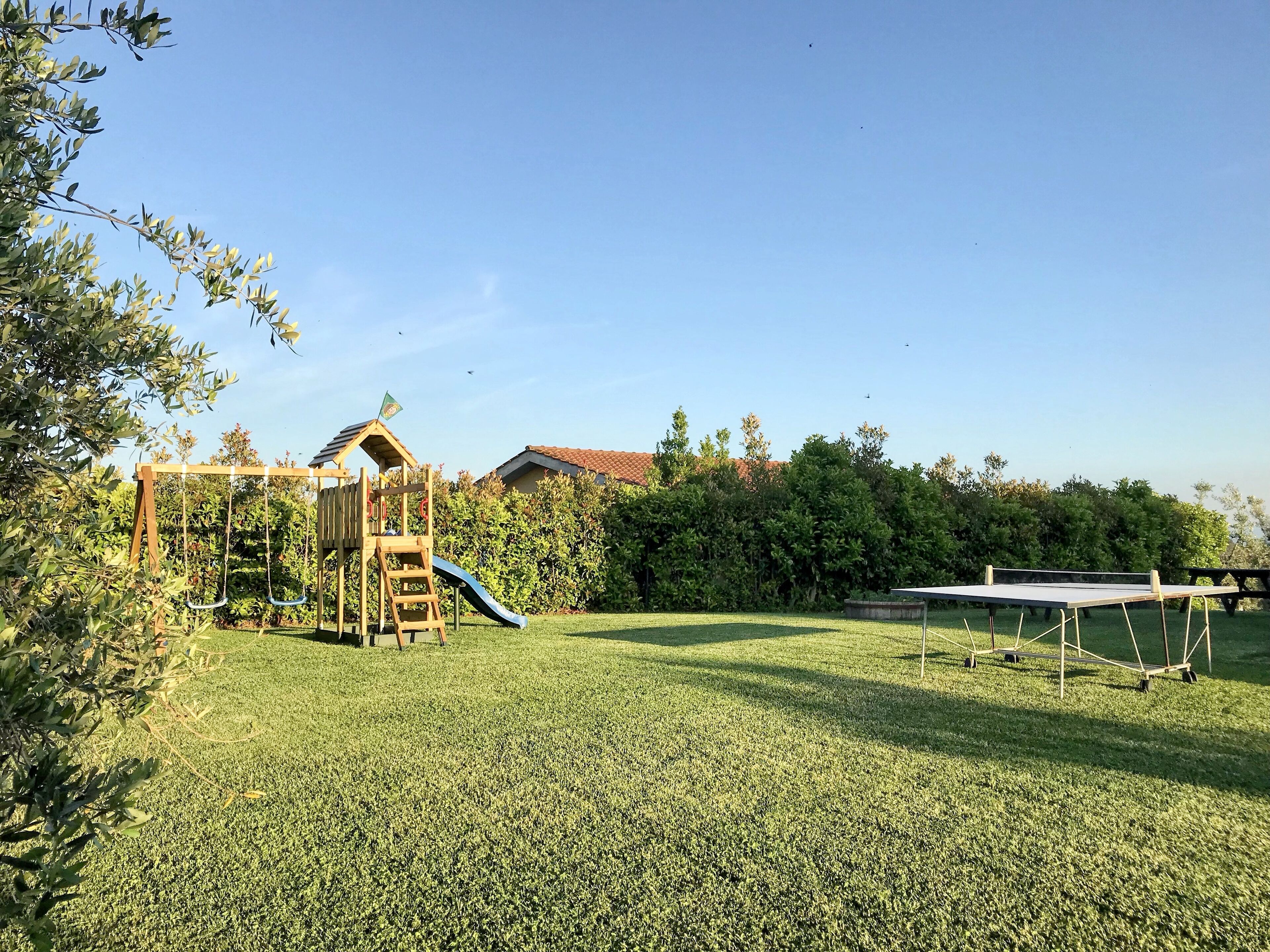 Een speeltuin met een glijbaan en klimconstructie, omringd door een verzorgd gazon en een haag.