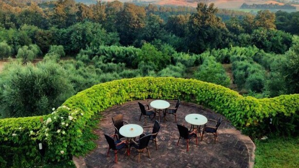 Un espacio al aire libre con mesas y sillas redondas, rodeado de setos bien cuidados y un paisaje de colinas ondulantes y árboles frondosos.