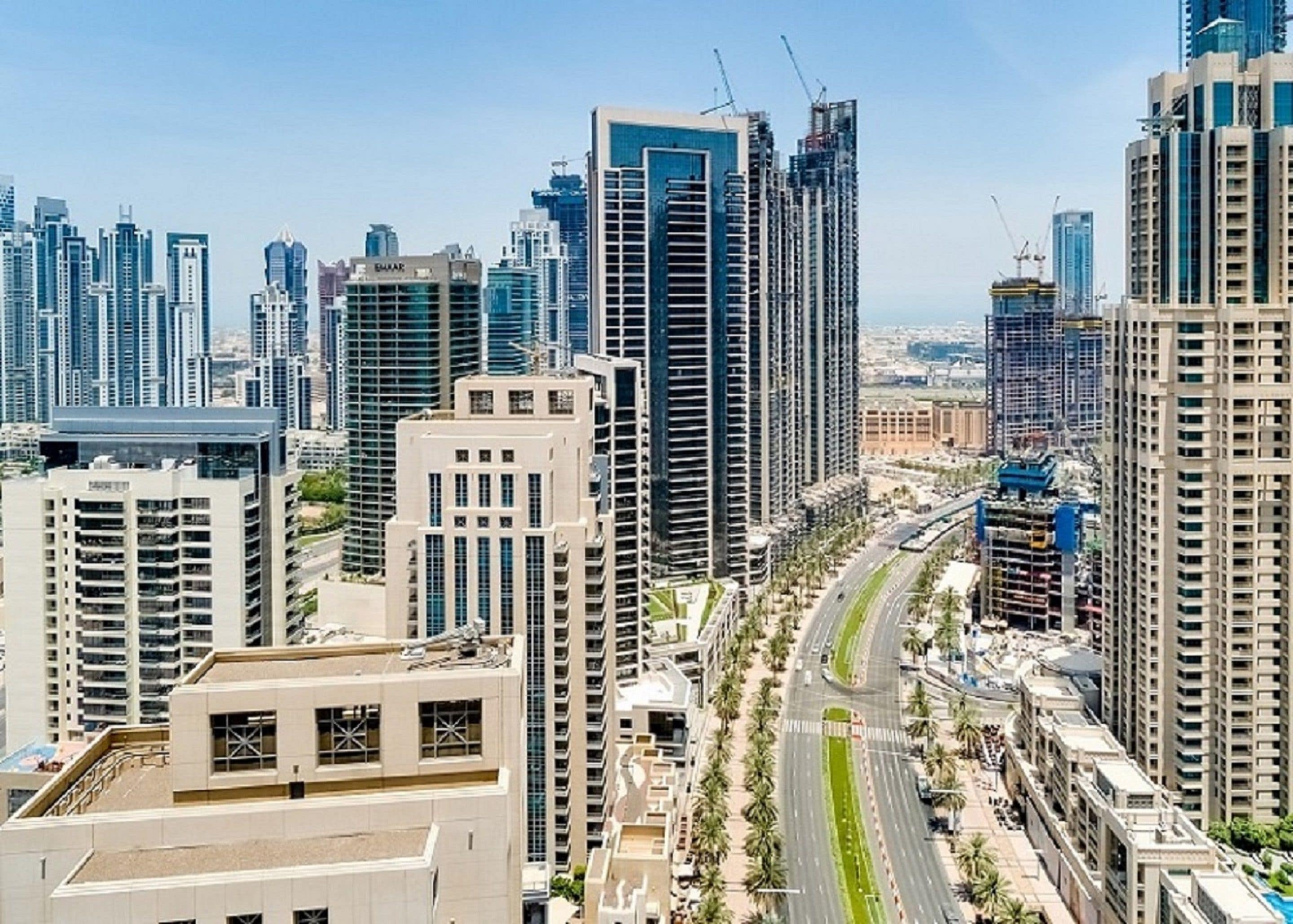 Eine Skyline mit Hochhäusern, einer gewundenen Straße und Palmen.