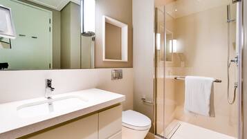 A modern bathroom with a glass shower enclosure, a white sink, and a toilet.